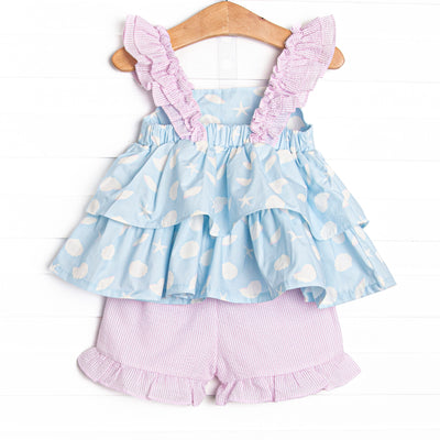 Pink Shoreline Shells Ruffle Short Set, Blue