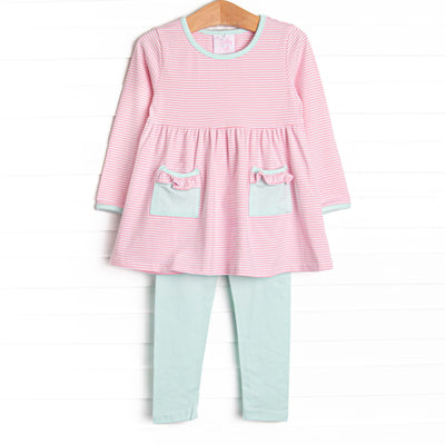 The set features soft knit material, light pink stripes, and coordinating mint green leggings to match.