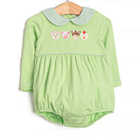  This bubble features light green fabric, a striped Peter Pan collar, and farm animal embroideries. 