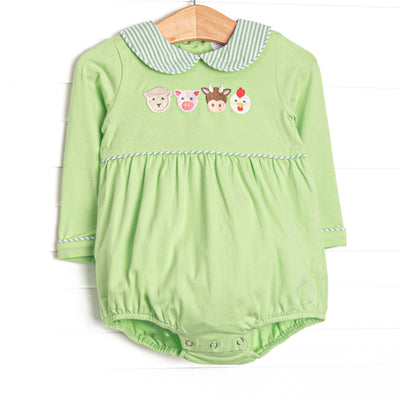  This bubble features light green fabric, a striped Peter Pan collar, and farm animal embroideries. 