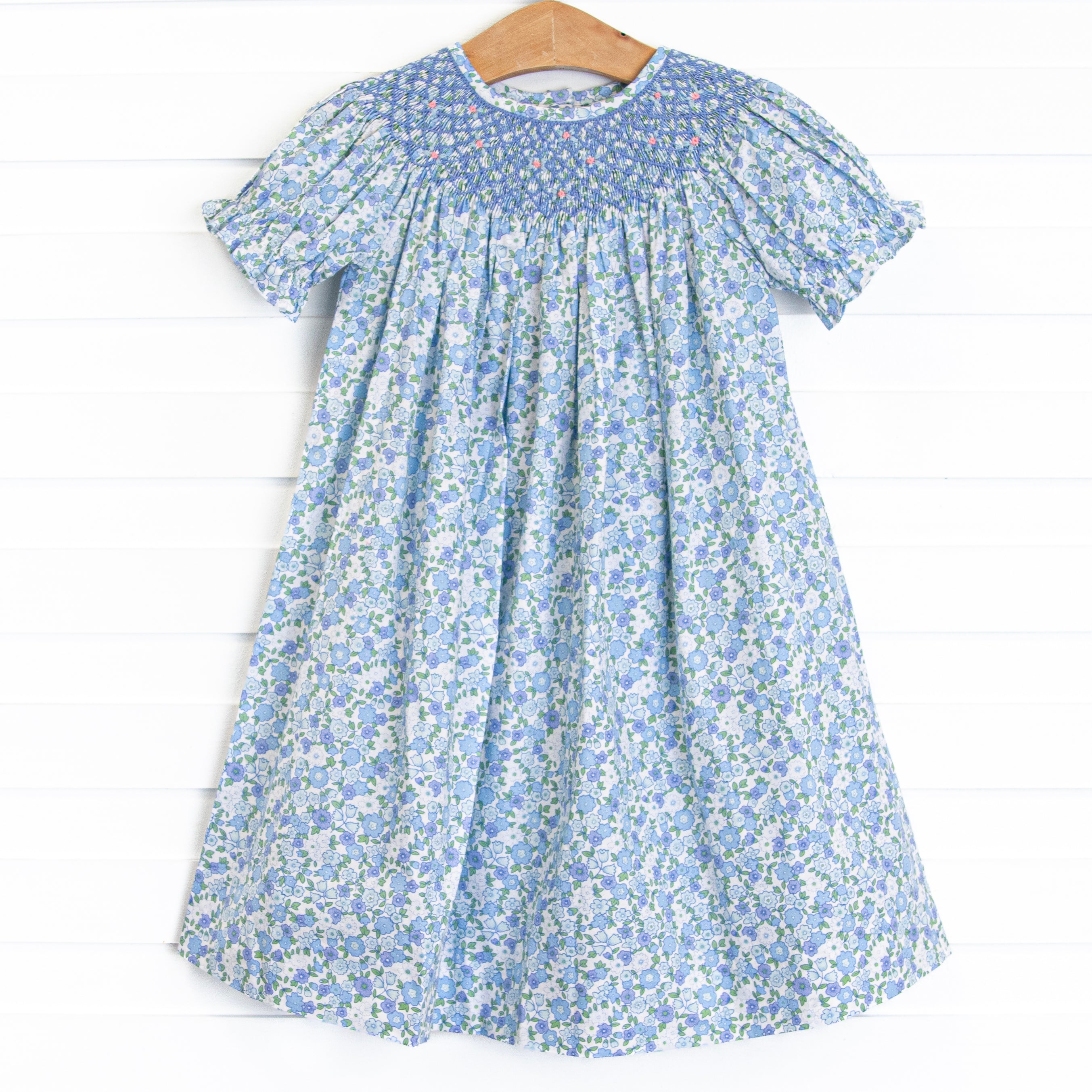 Girl's Beautiful Blooms Puff Sleeve Smocked Dress in Blue Size 4T | Stitchy Fish Girl's Beautiful Blooms Puff Sleeve Smocked Dress in Blue Size 4T | Stitchy Fish