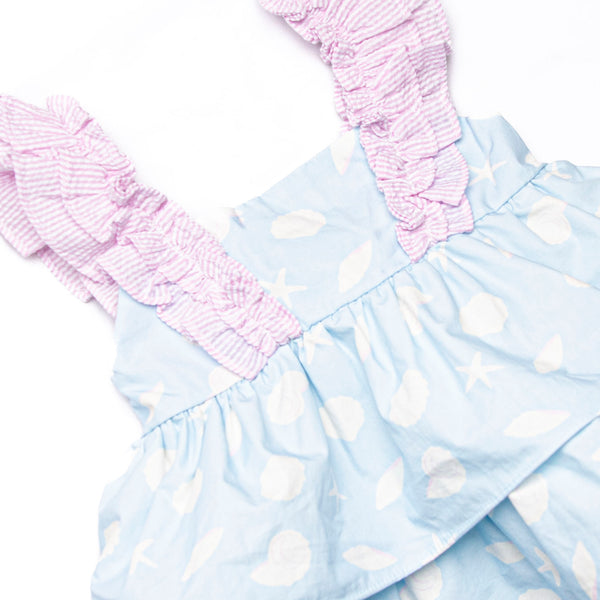 Pink Shoreline Shells Ruffle Short Set, Blue