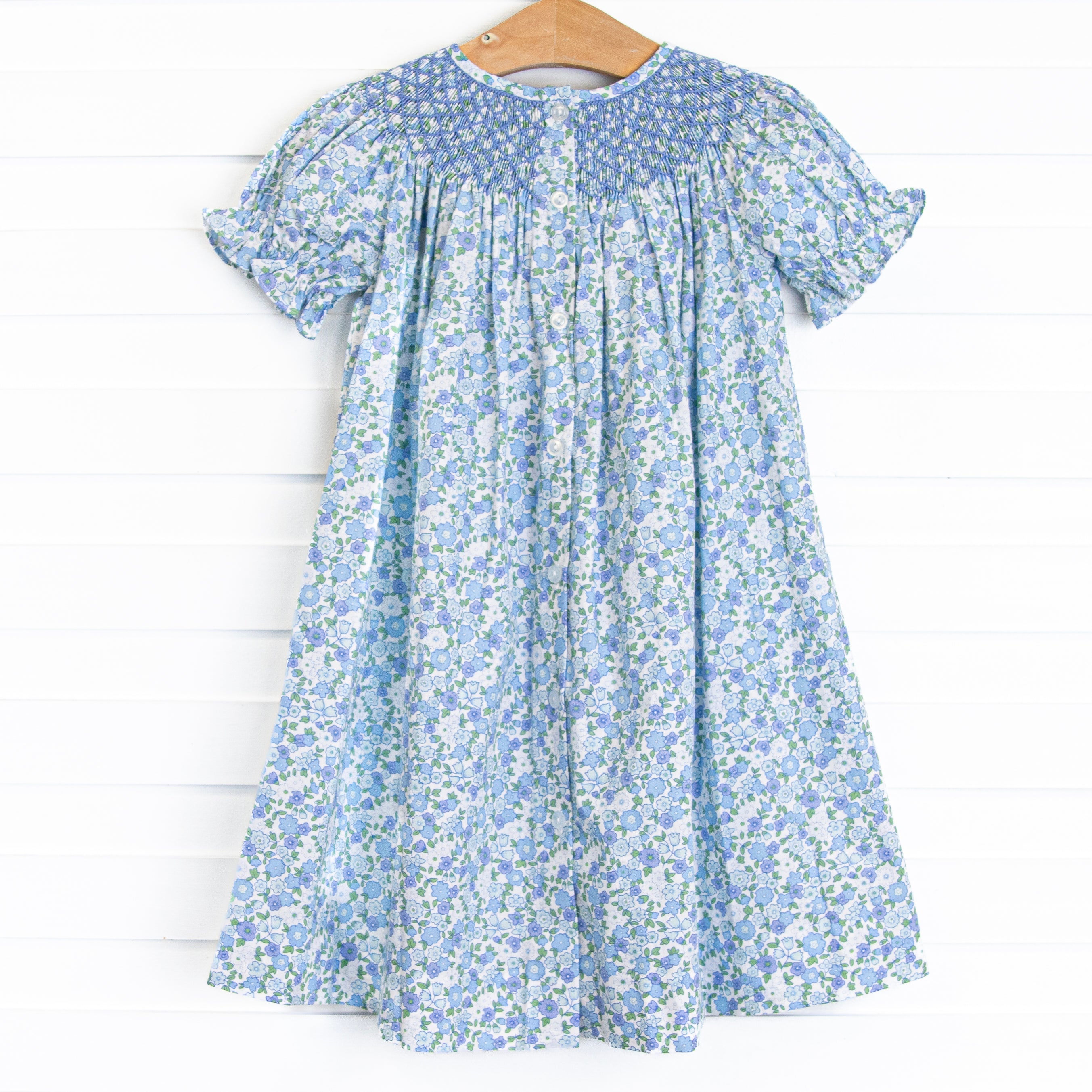 Beautiful Blooms Puff Sleeve Smocked Dress, Blue Stitchy Fish Beautiful Blooms Puff Sleeve Smocked Dress, Blue Stitchy Fish