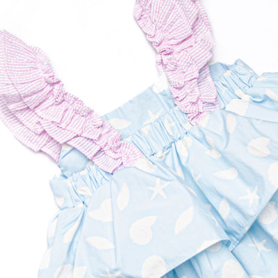 Pink Shoreline Shells Ruffle Short Set, Blue