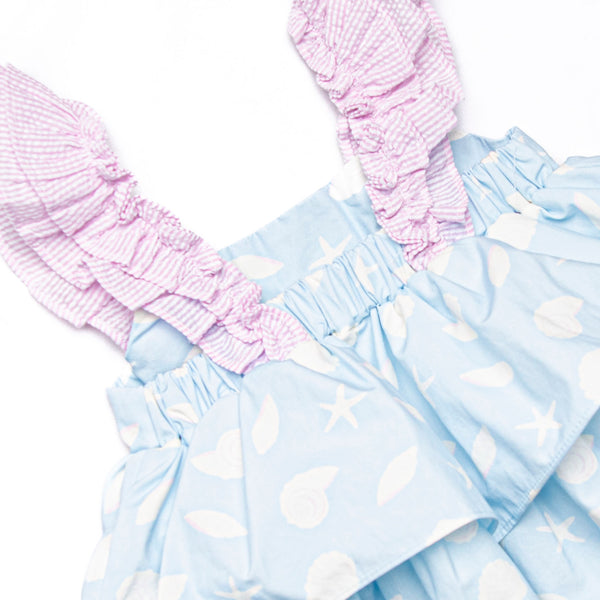 Pink Shoreline Shells Ruffle Short Set, Blue