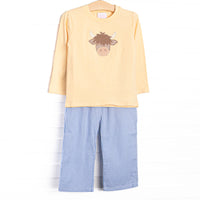  This set features a yellow top, Highland cow applique, and long sleeves. Coordinating blue gingham pants to match. 