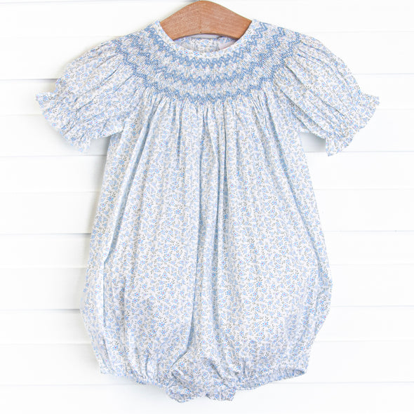 Blue Blooms Puff Sleeve Smocked Bubble, White