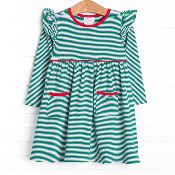  The dress features green stripes, red ruffle trim, and soft knit material. 