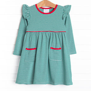 Everly Long Sleeve Dress, Red and Green Stripe