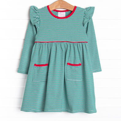 Everly Long Sleeve Dress, Red and Green Stripe