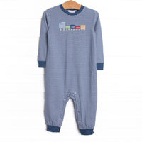 This romper features a navy blue striped pattern, the softest knit material and the cutest gingham train applique. 