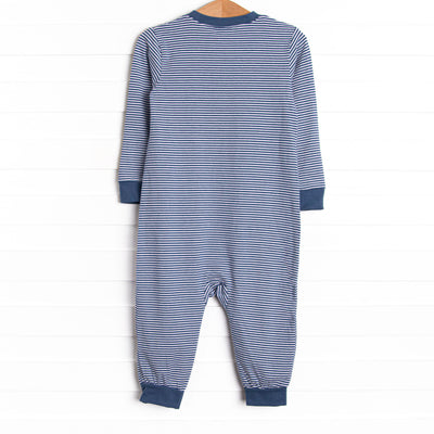 Chugging Along Applique Romper, Navy Stripe