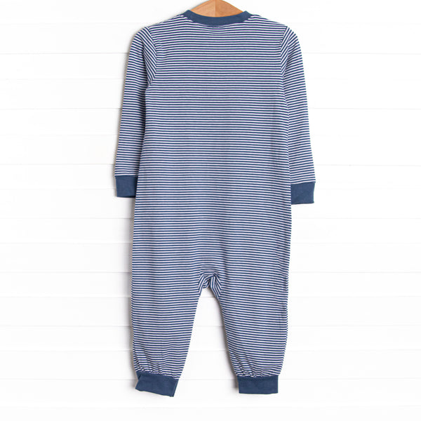 Chugging Along Applique Romper, Navy Stripe
