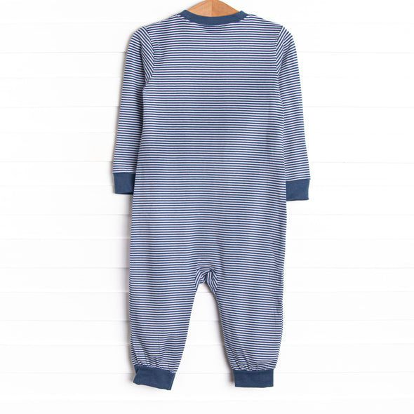 Chugging Along Applique Romper, Navy Stripe