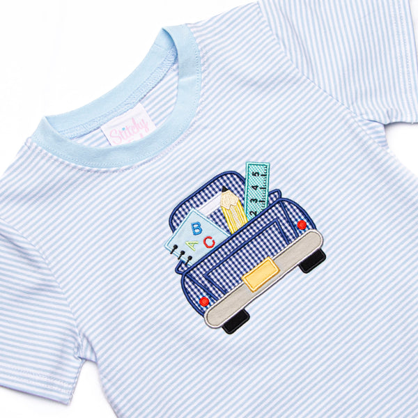 School Project Pickup Applique Top, Blue Stripe