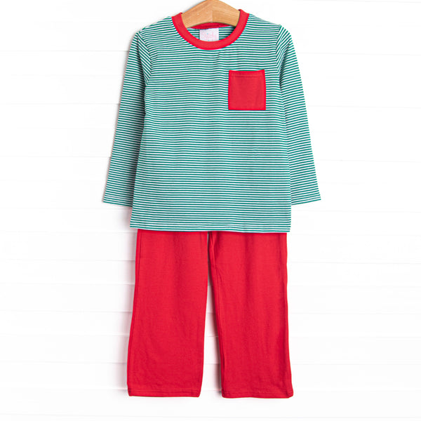  The set features green stripes, a red front pocket, and coordinating red pants. 