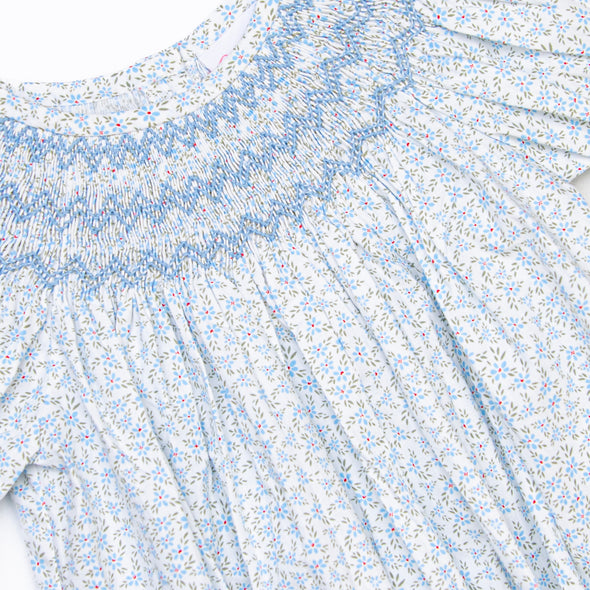 Blue Blooms Puff Sleeve Smocked Bubble, White