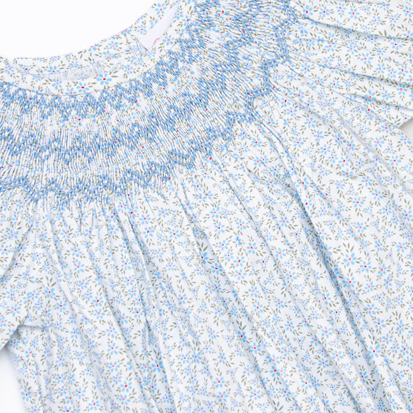 Blue Blooms Puff Sleeve Smocked Dress, White