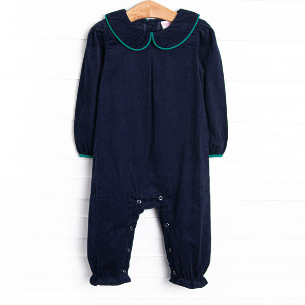  This romper features a blue corduroy material, a peter pan collar, and green trim. 