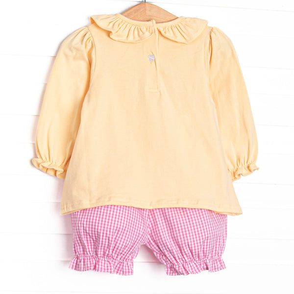 Sweet as a Piglet Applique Ruffle Neck Bloomer Set, Yellow