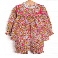  This set features a fall floral print, ruffle trim, and red ribbon. Matching floral bloomer shorts to complete the set. 