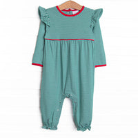 The romper features the softest knit material, snaps in the stride to make changing a breeze, and green stripes with red trim.