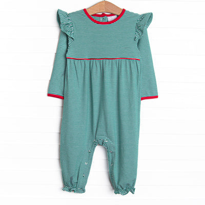 The romper features the softest knit material, snaps in the stride to make changing a breeze, and green stripes with red trim.