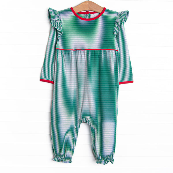 The romper features the softest knit material, snaps in the stride to make changing a breeze, and green stripes with red trim.