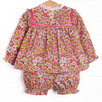 Retro Blossoms Ruffle Bib Long Sleeve Bloomer Set, Brown