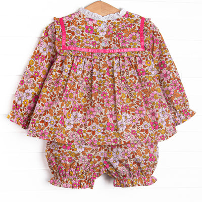 Retro Blossoms Ruffle Bib Long Sleeve Bloomer Set, Brown