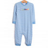 Chugging Along Applique Romper, Blue Stripe