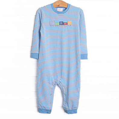 Chugging Along Applique Romper, Blue Stripe