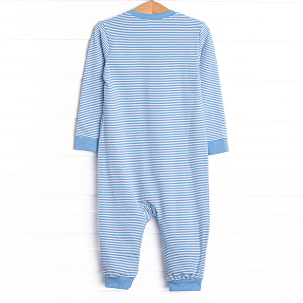 Chugging Along Applique Romper, Blue Stripe