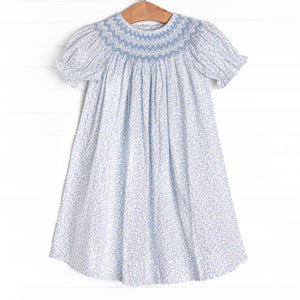 Blue Blooms Puff Sleeve Smocked Bubble, White
