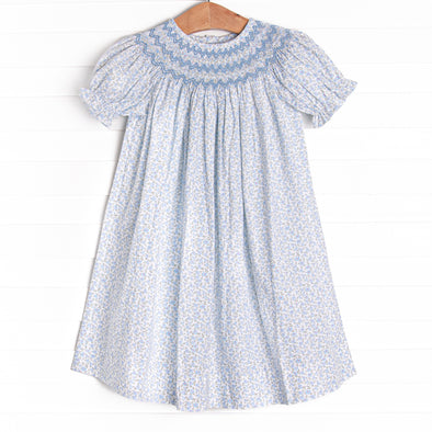 Blue Blooms Puff Sleeve Smocked Dress, White