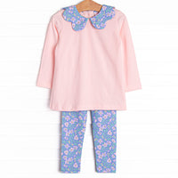  This set features a long sleeve pink top with a purple floral print scalloped collar, and floral leggings to match. 