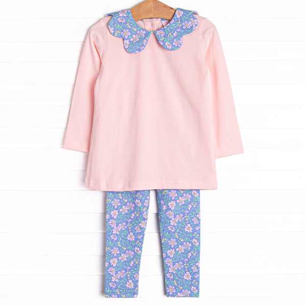  This set features a long sleeve pink top with a purple floral print scalloped collar, and floral leggings to match. 