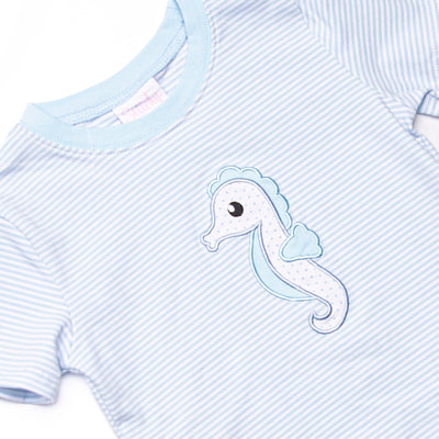 Hold Your Seahorses Applique Short Set, Blue Stripe