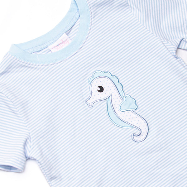 Hold Your Seahorses Applique Short Set, Blue Stripe