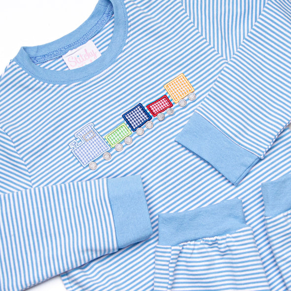 Chugging Along Applique Romper, Blue Stripe