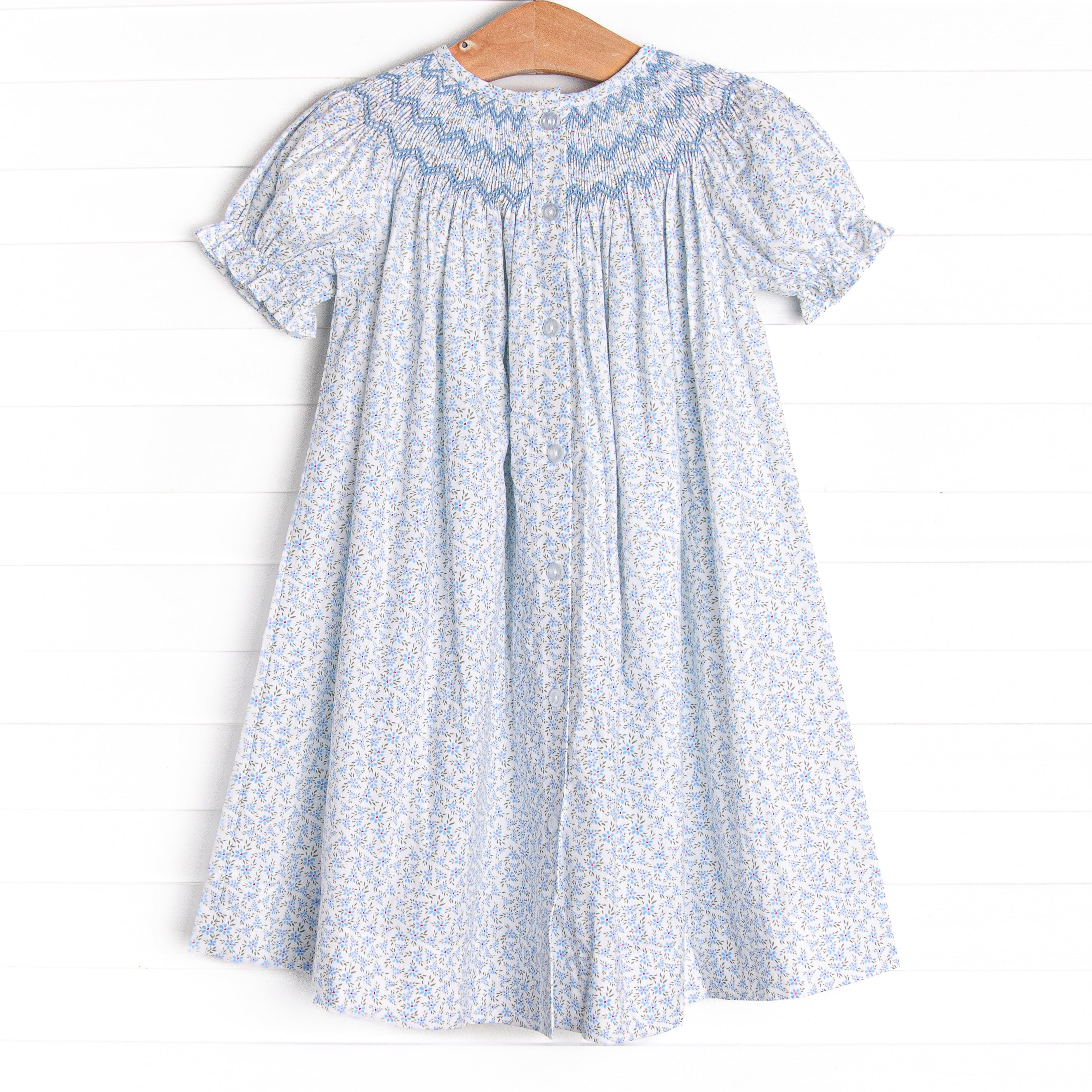 Blue Blooms Puff Sleeve Smocked Dress, White Stitchy Fish Blue Blooms Puff Sleeve Smocked Dress, White Stitchy Fish