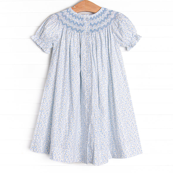 Blue Blooms Puff Sleeve Smocked Dress, White