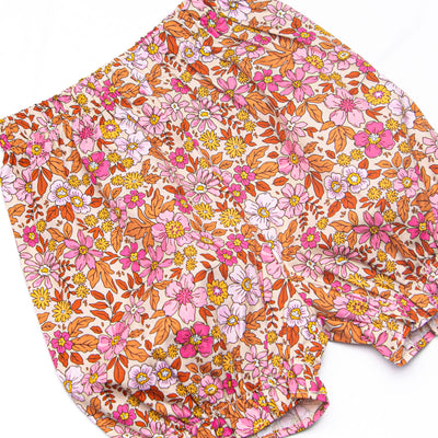 Retro Blossoms Ruffle Bib Long Sleeve Bloomer Set, Brown