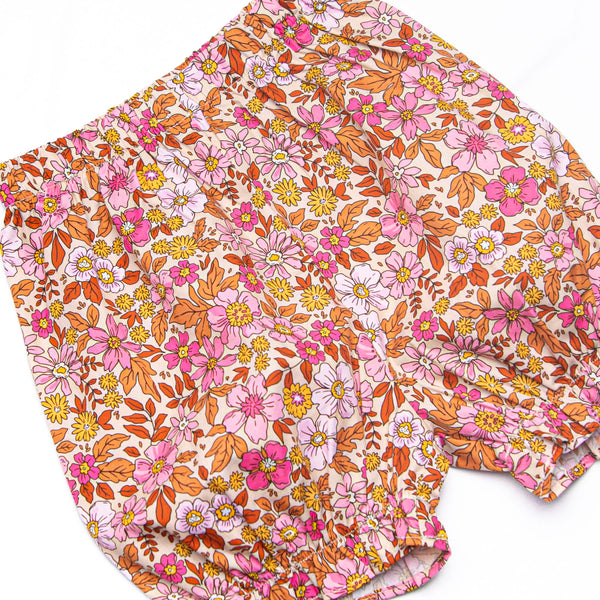 Retro Blossoms Ruffle Bib Long Sleeve Bloomer Set, Brown