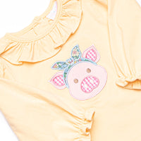 Sweet as a Piglet Applique Ruffle Neck Bloomer Set, Yellow
