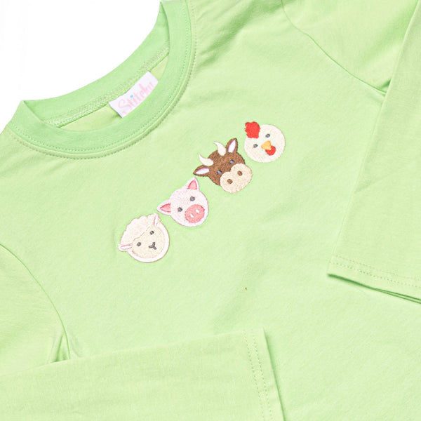 Farm Animal Friends Embroidered Long Sleeve Top, Green