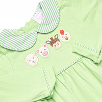 Farm Animal Friends Embroidered Long Sleeve Collared Bubble, Green