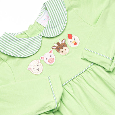 Farm Animal Friends Embroidered Long Sleeve Collared Bubble, Green