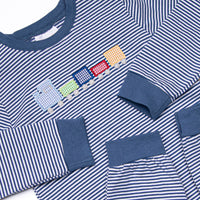 Chugging Along Applique Romper, Navy Stripe