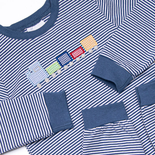 Chugging Along Applique Romper, Navy Stripe